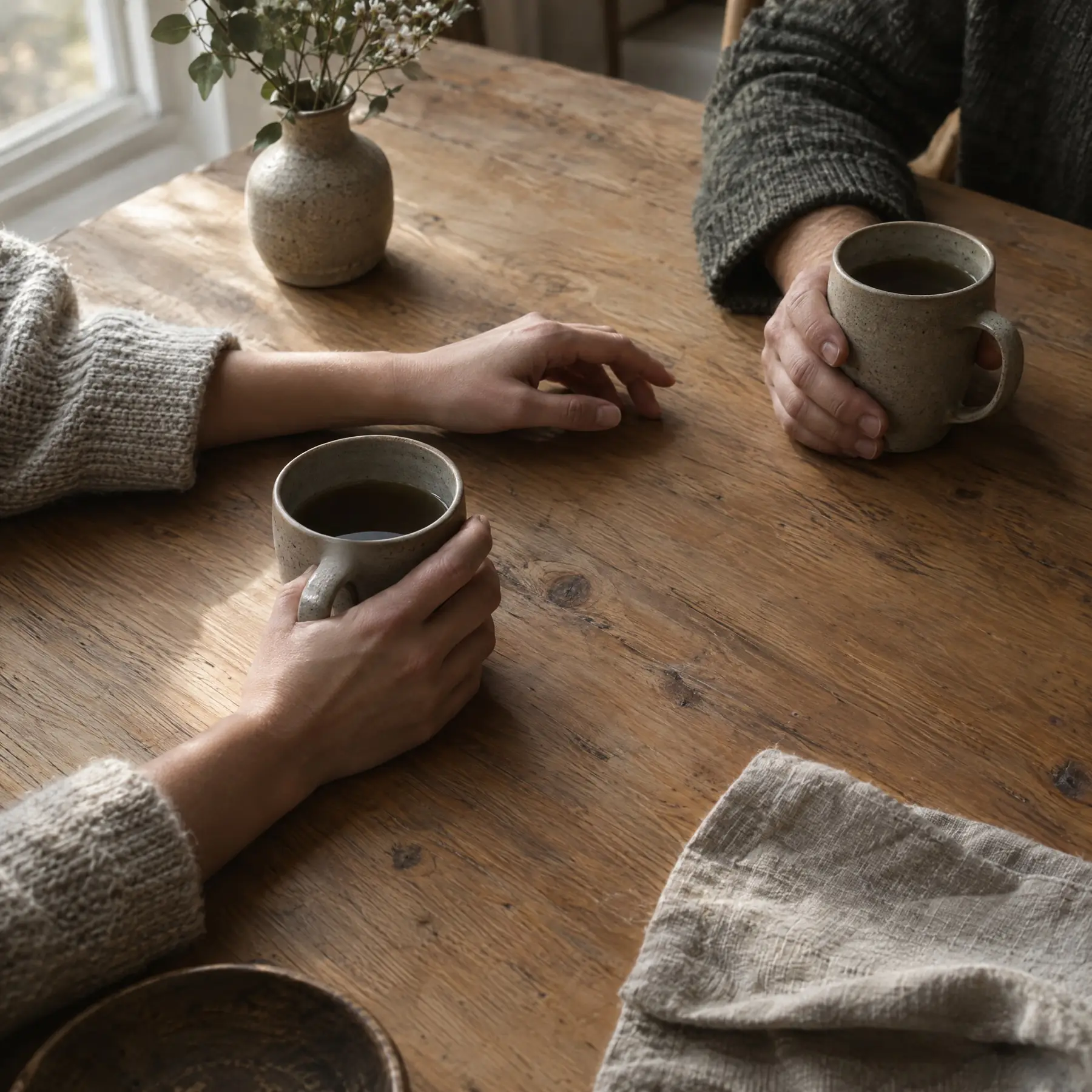 Two people at a wooden table holding ceramic mugs, one hand reaching toward the other
